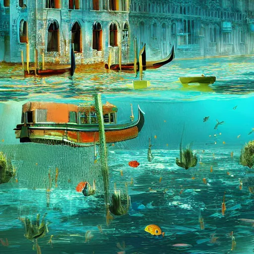 Prompt: underwater Venice, with fish people living in it, beautiful background, digital art