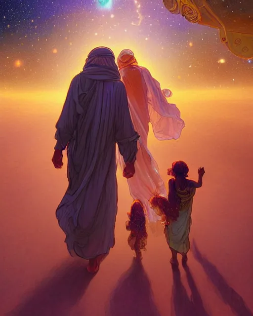 Image similar to bedouin man and woman and child in galaxy walking towards mosque surrounded by nebula, highly detailed, gold filigree, romantic storybook fantasy, soft cinematic lighting, award, disney concept art watercolor illustration by mandy jurgens and alphonse mucha and alena aenami, pastel color palette, featured on artstation