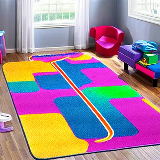 Image similar to a futuristic kids road map carpet rug, designed by lisa frank