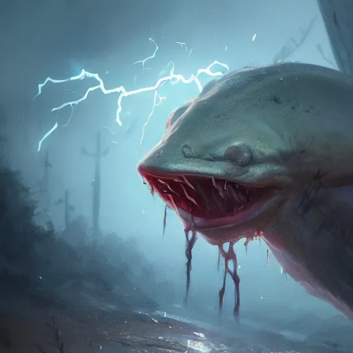 Image similar to shocked Axolotl hit by lightning from the sky in a small puddle, dramatic, dark, fantasy, digital art, hyperrealistic, Greg Rutkowski, Trending on Artstation, highly detailed