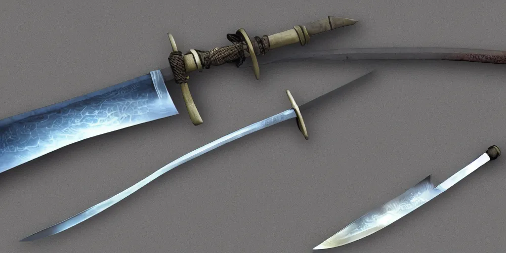 Image similar to Full Katana with Water Blade made only out of flowing and only Water, artstyle from Rzky Dar, the blade is made out of steel with a dragon sigil, a water stream goes like spiral around the blade, white background, raytracing,