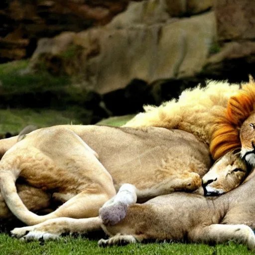 Prompt: a lion and a sheep sleeping together, embraced, fullshot, wallpaper