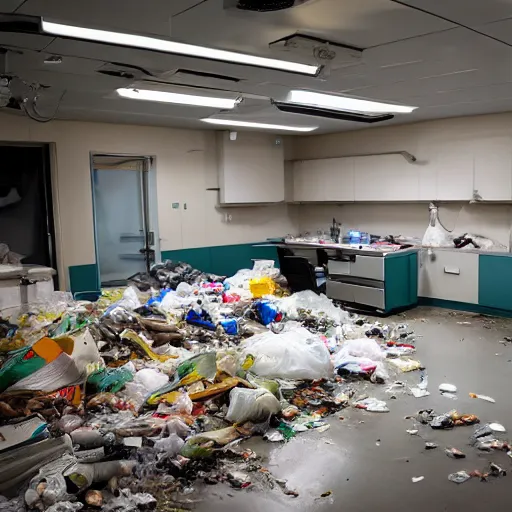 Prompt: operating room covered with trash