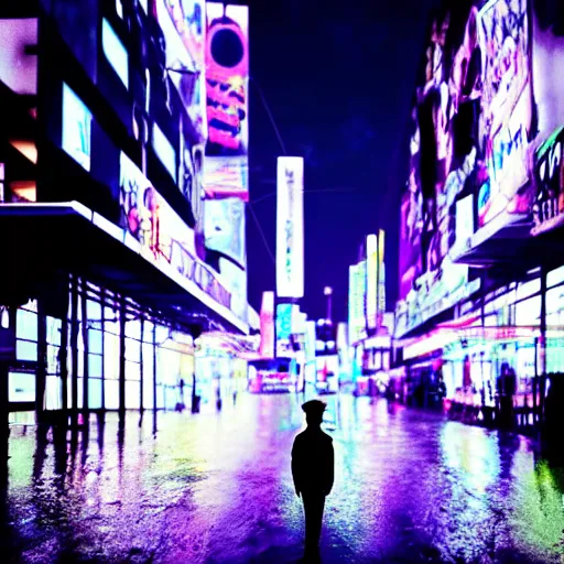 Prompt: one man silhouette standing in front of a cyberperunk city, neon lights, night, rain, very beautiful, trending on deviantart,