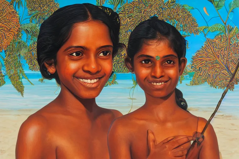 Image similar to a happy sri lankan girl at the beach with iridescent skin by kehinde wiley