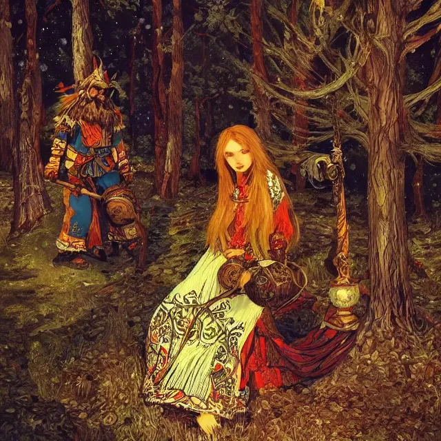 Image similar to russian folk fairytale, story, fable, dramatic, fantasy art, an ultrafine detailed painting, academic art, ornate, inticate, elegant, sharp focus, artstation, by pavel korin, viktor vasnetsov