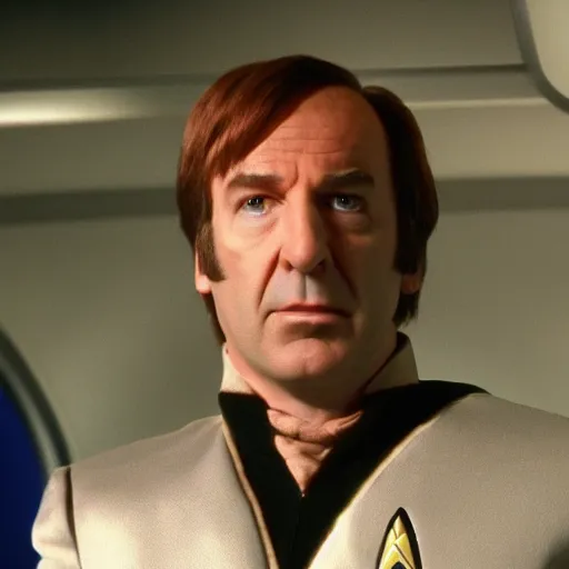 Image similar to saul goodman dressed as a star trek character, tv still, 4k,