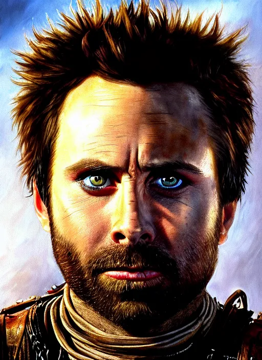 Prompt: portrait of charlie day ( ( charlie from its always sunny in philadelphia ) ) as scheming crazy warlord in mad max 2 : the road warrior, film still, detailed realism face in painting, detailed beautiful portrait, oil painting masterpiece, 8 k resolution, smooth, sharp focus, trending on artstation, by rembrandt