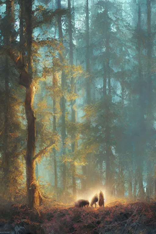 Prompt: spiritual twin flame lone wolf art, forest hue, highly detailed, oil painting, by craig mullins