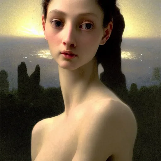 Image similar to A young beautiful female alien face with a very long neck, big eyes, very thin nose, big lips, hair made of wire cables:: alien is from the future, Realistic, Refined, Detailed Digital Art, Oil Painting, William-Adolphe Bouguereau, Pre-Raphaelite,Renaissance, Highly Detailed, Cinematic Lighting, Unreal Engine, 8K