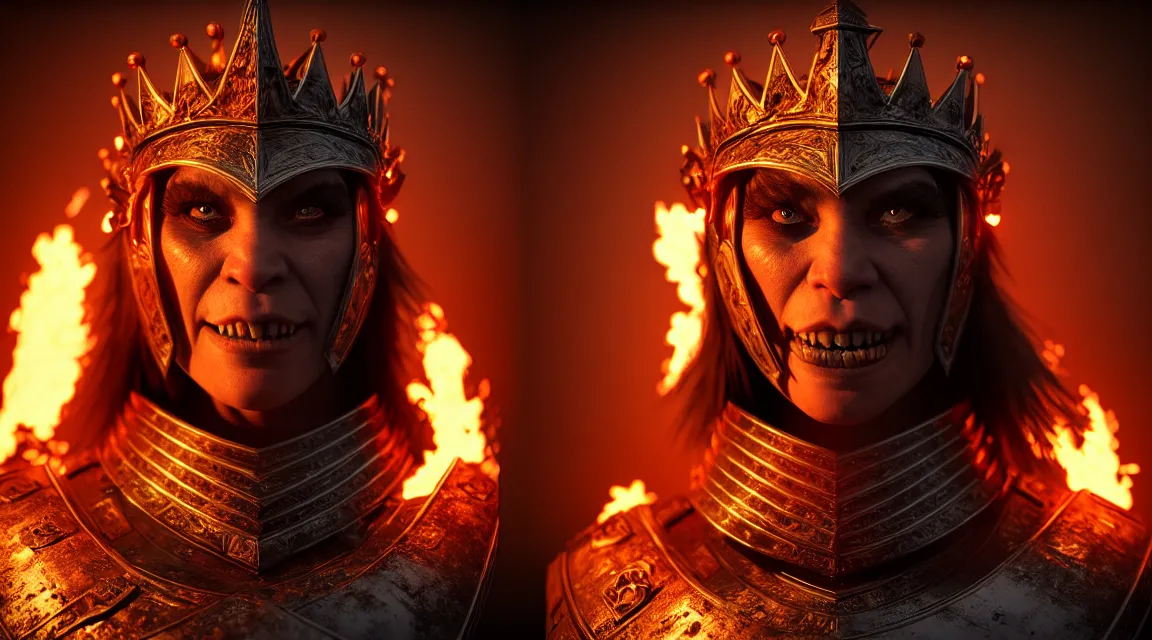 Image similar to epic portrait of female orc in plate armour and crown of fire by cleavanger and elvgren epic awesome gorgeous symmetrical perfect octane vfx maya render realistic