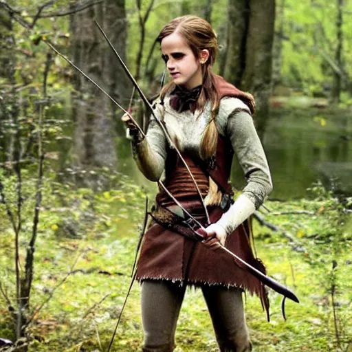 Image similar to emma watson as a wood elf, hunting with a bow