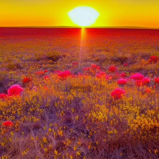 Prompt: hiqh quality photo of the australian red desert covered in colorful wild flowers, golden hour