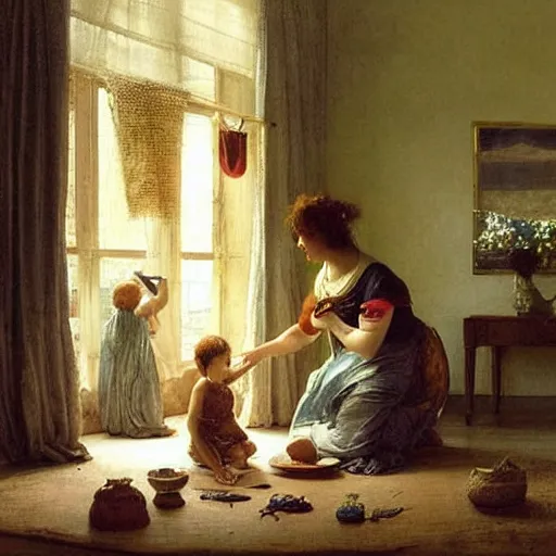 Image similar to This photograph is beautiful because of its harmony of colors and its simple but powerful composition. The artist has created a scene of peaceful domesticity, with a mother and child in the center, surrounded by a few simple objects. The colors are muted and calming, and the overall effect is one of serenity and calm. electric by Ellen Jewett, by Lawrence Alma-Tadema realistic, tired