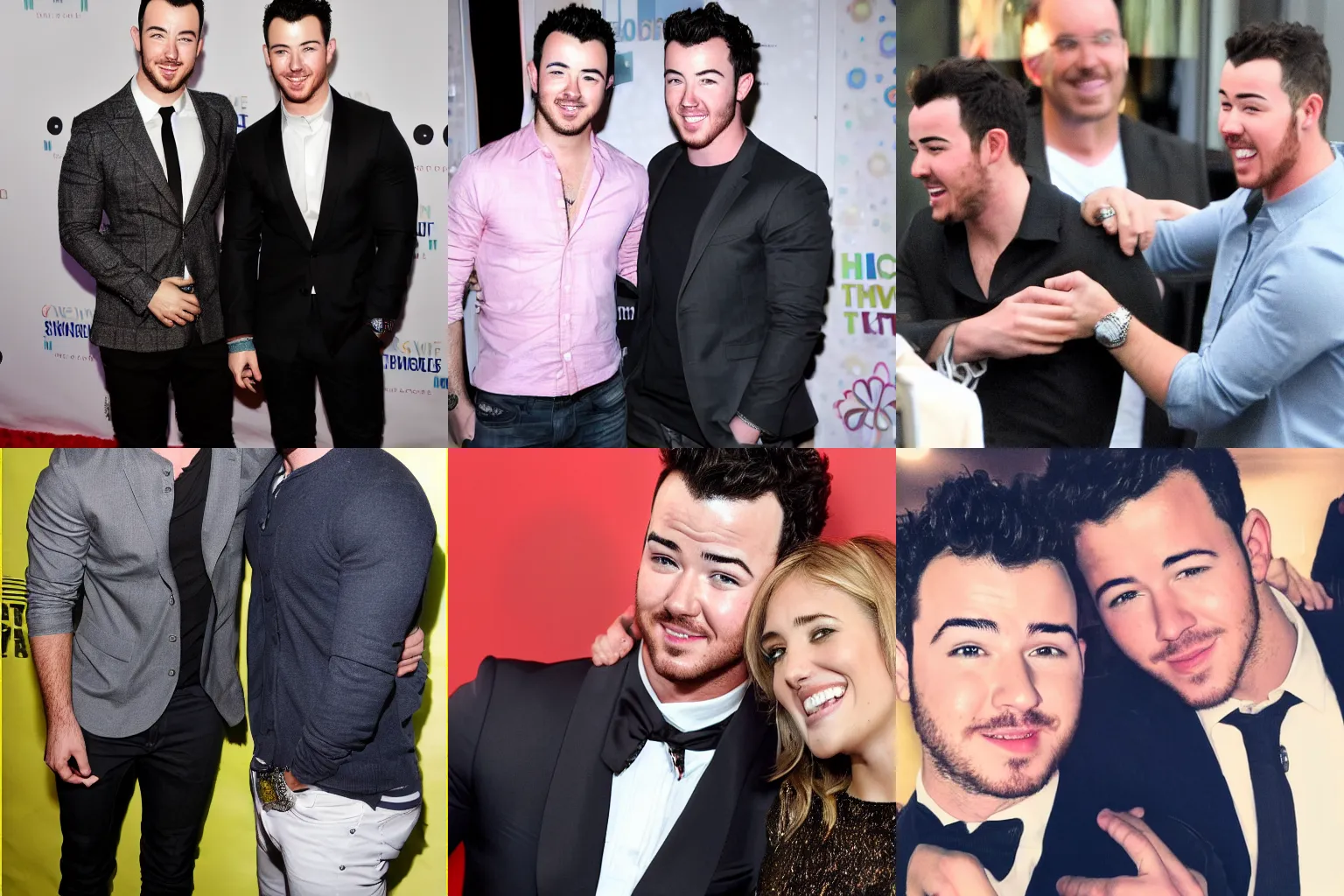 Prompt: Kevin Jonas strangling nick Jonas while they're both smiling to the camera