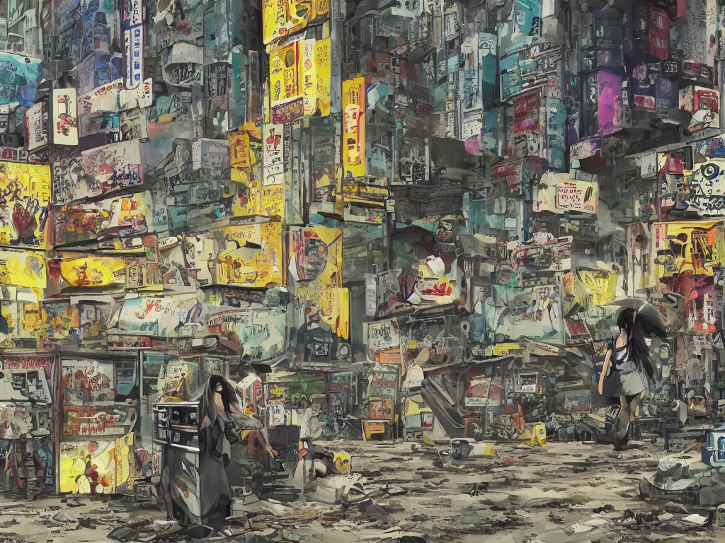 Image similar to incredible wide screenshot, ultrawide, simple watercolor, rough paper texture, ghost in the shell movie scene, backlit distant shot of girl in a parka running from a giant robot invasion side view, yellow parasol in deserted dusty shinjuku junk town, broken vending machines, bold graphic graffiti, old pawn shop, bright sun bleached ground, mud, fog, dust, windy, scary robot monster lurks in the background, ghost mask, teeth, animatronic, black smoke, pale beige sky, junk tv, texture, brown mud, dust, tangled overhead wires, telephone pole, dusty, dry, pencil marks, genius party,shinjuku, koji morimoto, katsuya terada, masamune shirow, tatsuyuki tanaka hd, 4k, remaster, dynamic camera angle, deep 3 point perspective, fish eye, dynamic scene