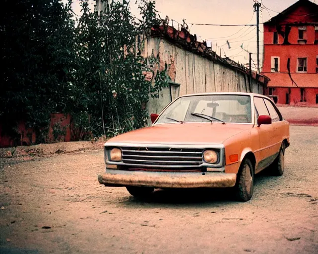 Image similar to a lomographic photo of old soviet car standing in typical soviet yard in small town, soviet suburbs on background, cinestill, bokeh, 1 9 8 0