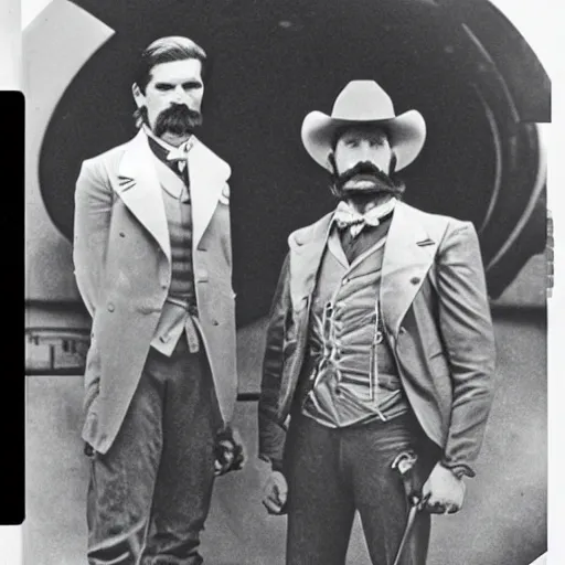 Image similar to picture of wyatt earp and doc holliday standing on the deck of a futuristic spacecraft, high detail, ultra realistic, high fidelity