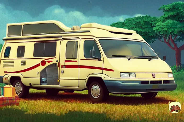 Image similar to a wholesome animation key shot of one!! focused 1 9 9 4 fiat hymer! motorhome! in the romanian! countryside, medium shot, studio ghibli, ( pixar ) and disney animation, sharp, very detailed, high resolution, rendered in unreal engine 5, anime key art by greg rutkowski, bloom, dramatic lighting