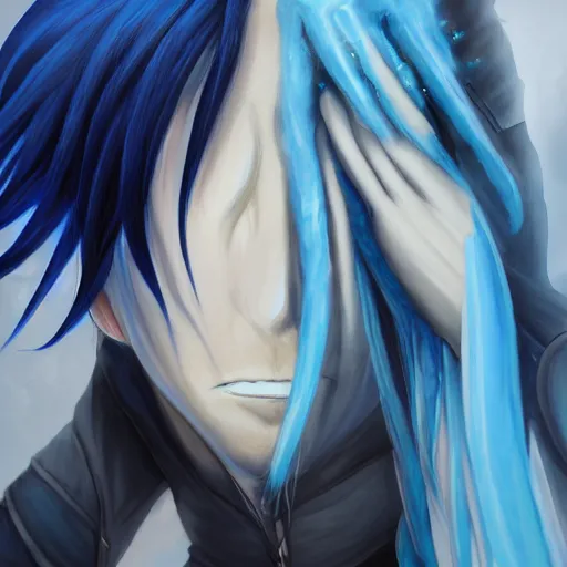 Prompt: a detailed painting of a man with blue hair by shingei, featured on pixiv, transgressive art, anime, deviantart hd n 9