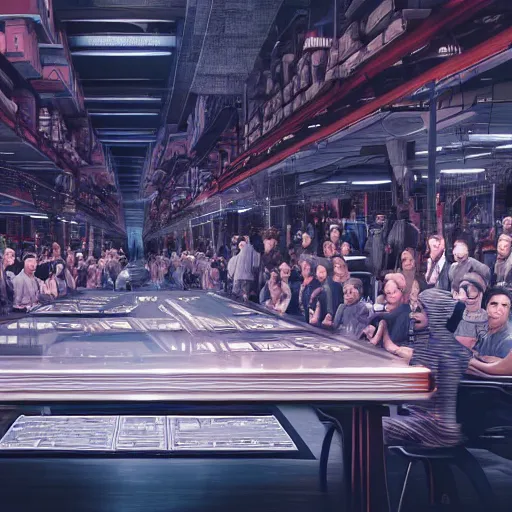 Image similar to large group people in a huge warehouse, gathered around a hologram of futuristic city on a table | cinematic concept art | godrays | 4 k | clear details