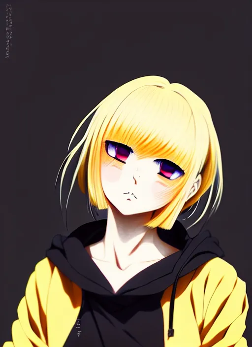 Image similar to anime portrait of a beautiful blonde, yellow - orange eyes, ilya kuvshinov, black clothing, anime, pixiv top monthly, trending on artstation, cinematic, danbooru, zerochan art, kyoto animation