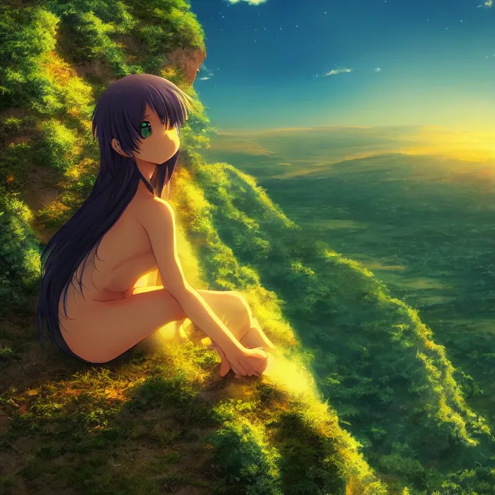 Image similar to Anime Girl Sitting on Edge of Cliff at a Green Valley at Sunset, Golden Hour! Trending on Artstation, Pixiv, Deviant Art!