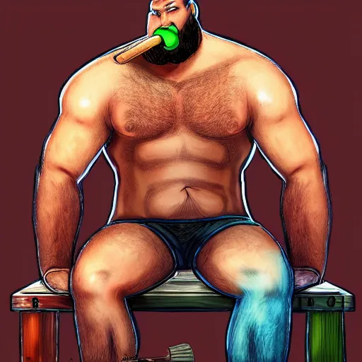 Prompt: six foot tall burly man named craig with crayons stuffed into his mouth, chewing, eating, binging, sitting on a wooden chair, high quality digital art, artstation