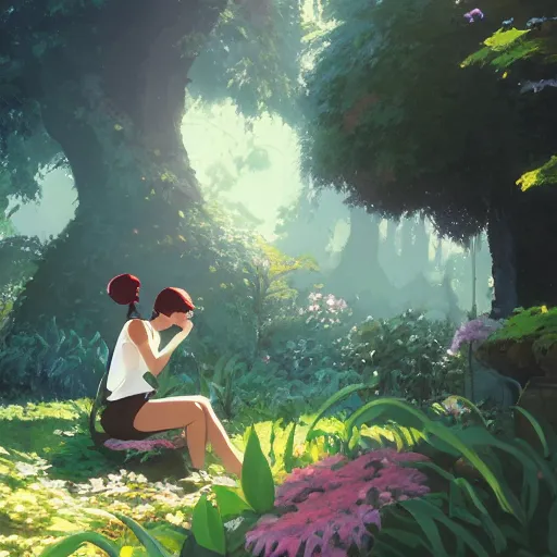 Image similar to woman sitting in a fantasy garden, cottagecore, atey ghailan, goro fujita, studio ghibli, rim light, sharp lighting, clear focus, very coherent,