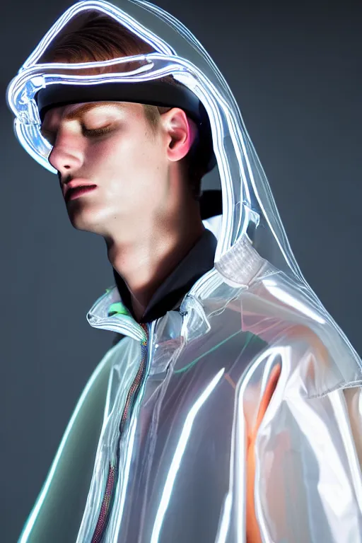 Prompt: an ultra high definition professional high fashion portrait studio full length photograph of a male model falling asleep wearing a transparent pearlescent raincoat and neon visor in an icelandic black rock environment at dawn. no artefacts. extremely detailed. stark. refraction. shallow depth of field. volumetric light and shadow. ray tracing. light rays.