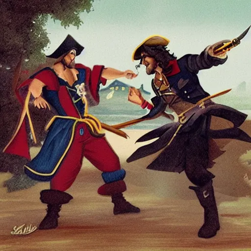 Image similar to a pirate fighting with a Disney Prince