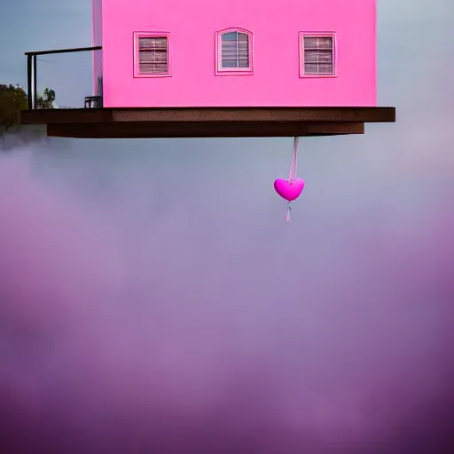 Image similar to a 5 0 mm lens photograph of a cute pink floating modern house, floating in the air between clouds, inspired by the movie up, held up from above by a heart - shaped ballon. mist, playful composition canon, nikon, award winning, photo of the year