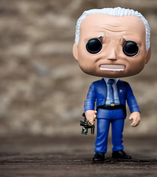 Image similar to portrait photo of joe biden as a funko pop figurine with a gatling gun. Macro photography.