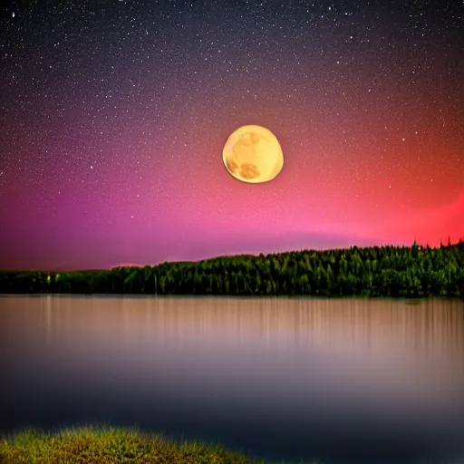 Prompt: a lake at night during a full moon. photographic quality, realistic, colorful.
