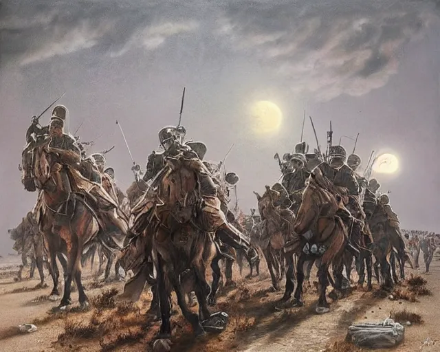 Image similar to beautiful as the moon, terrible as an army with banners. art by denys tsiperko and bogdan rezunenko, hyperrealism