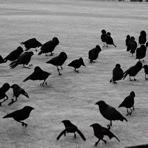 Prompt: “a flock of crows attacking people”