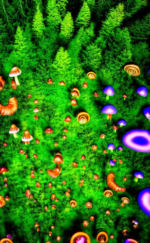 Prompt: looking down at trippy enchanged forest with large psychedelic mushrooms