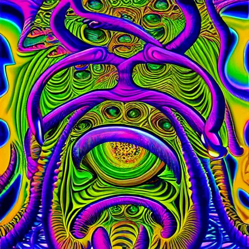 Image similar to the incredible hulk becomes a fractal, painted by alex grey. psychedelic visionary art