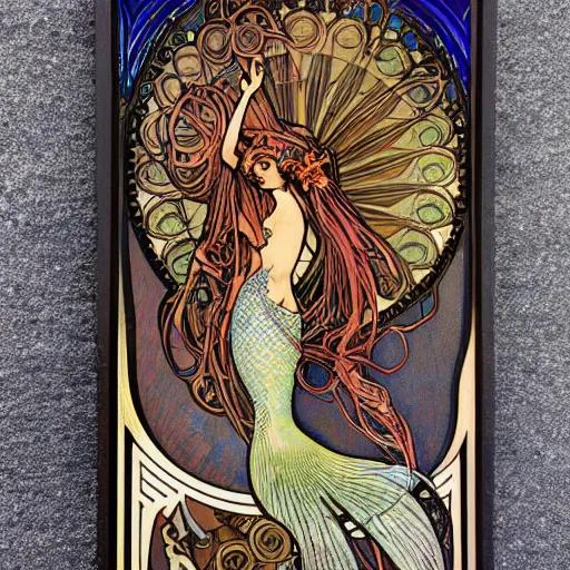 Prompt: mermaid, by alphonse mucha, wood sculpture, black wood with intricate and vibrant color details, mandelbulb fractal, exquisite detail, wooden tarot