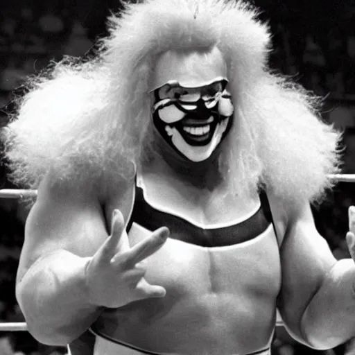 Prompt: Ronald McDonald as a wrestler in WWE, 1990