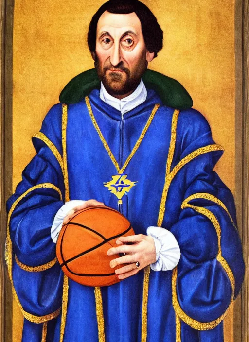 Image similar to high detailed renaissance portrait of mike krzyzewski as the god king emperor, blue devils, basketball