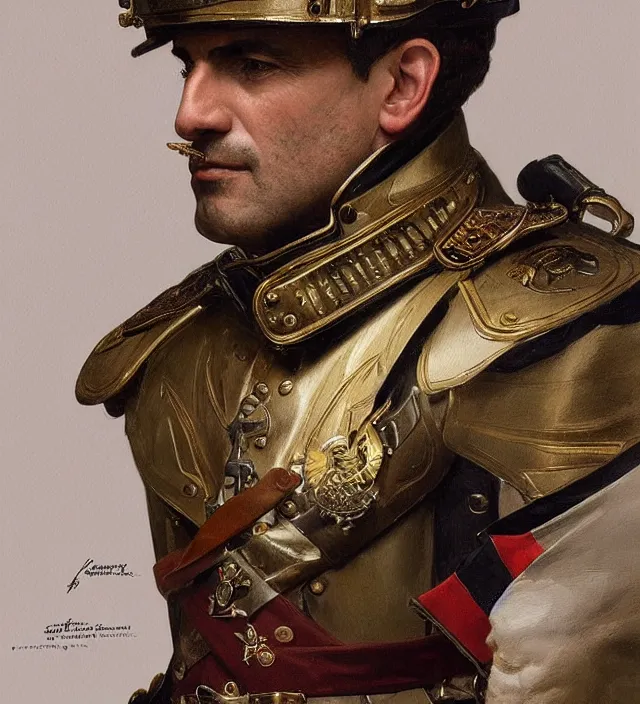 Image similar to portrait of an italian man wearing a traditional nineteenth century italian empire military uniform, metal shoulder pauldrons, intricate, highly detailed, digital painting, artstation, concept art, sharp focus, cinematic lighting, illustration, art by artgerm and greg rutkowski, alphonse mucha, cgsociety