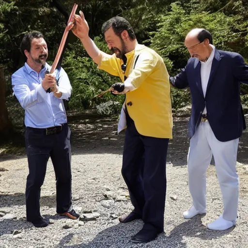 Image similar to matteo salvini and enrico letta katana duel in a shinto shrine while sakura petals are falling