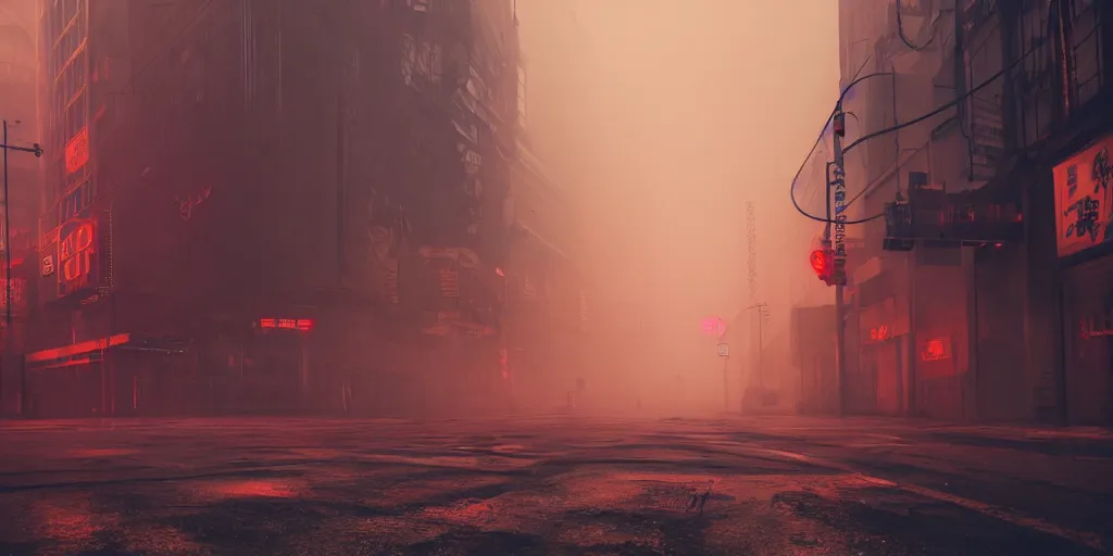 Image similar to deserted cyberpunk style city street, fog, rain, neon sign, volumetric lighting, beautiful, golden hour, sharp focus, ultra detailed, cgsociety