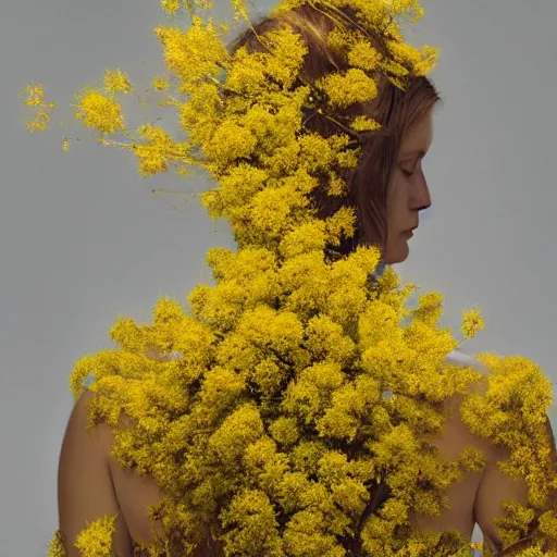 Image similar to hyper realistic photo human body made of golden wild flowers