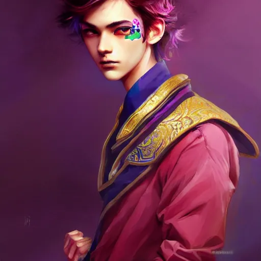 Prompt: colorful and festive captivating teenager boy with straight indigo hair, purple eyes with red eye markers, slim body, wearing a detailed japanese kimono with golden armor pieces. rich vivid colors, ambient lighting, dynamic lighting, 4 k, atmospheric lighting, painted, intricate, highly detailed by charlie bowater