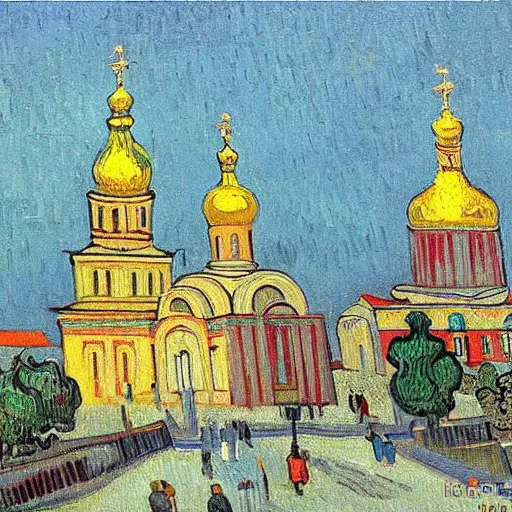 Prompt: a painting of Kyiv pechersk lavra by van gogh