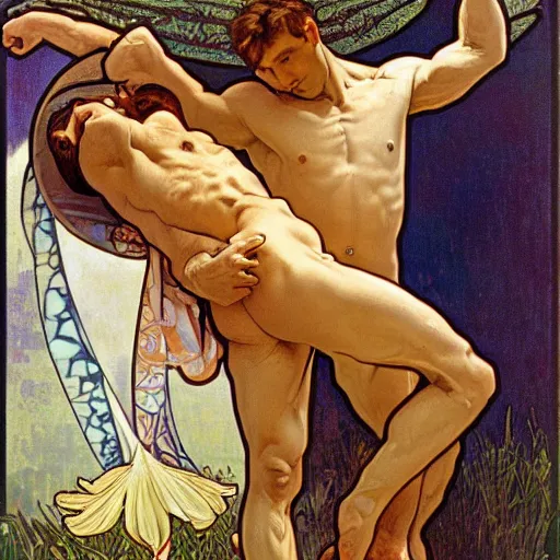 Prompt: ultra realistic illustration of icarus and hyacinthus, embrace, full body, male body, elegant study, poster art alphonse mucha and ivanov aleksandr andreyevich