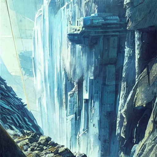 Image similar to view from below of an arcology driven like a spear into the glacier, rust-colored waterfalls pouring from its upper balconies, blue radiation glow beneath, science fiction concept art by Greg Rutkowski and Moebius and Le Corbusier