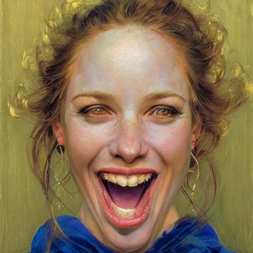 Image similar to frontal portrait of a woman so happy, her face hurts, by donato giancola.